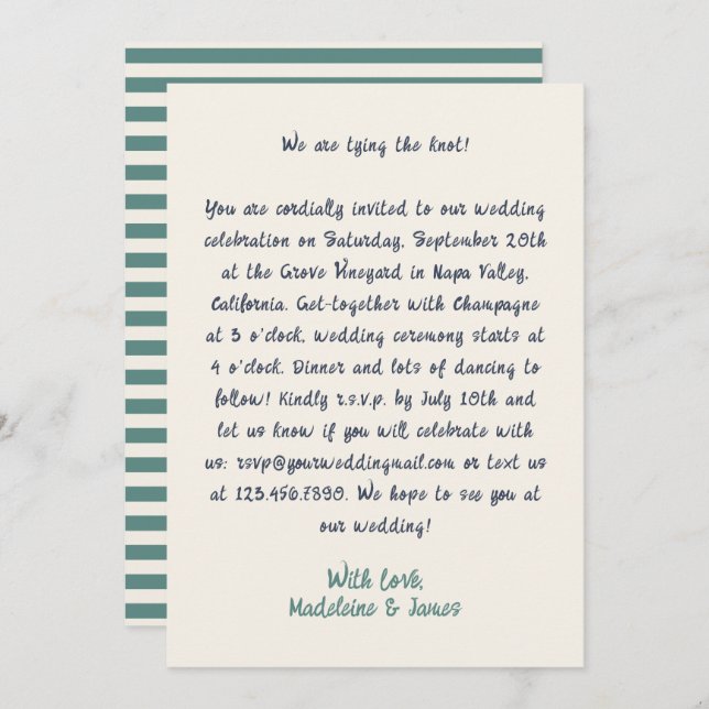 Casual Retro Quirky Handwriting Green Blue Wedding Invitation (Front/Back)