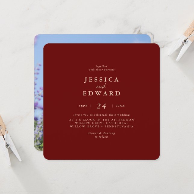 Casual Rustic Gold Burgundy Photo Wedding Invitation (Front/Back In Situ)