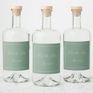 Casual Sage Green Simple Script Minimalist Wedding Liquor Bottle Label
