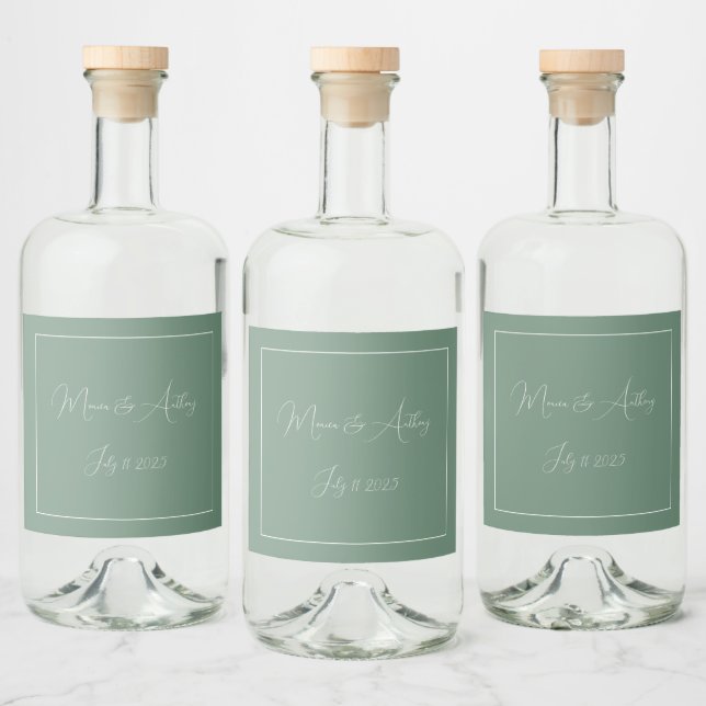 Casual Sage Green Simple Script Minimalist Wedding Liquor Bottle Label (Bottles)