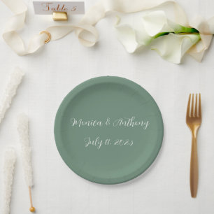 Casual Sage Green Simple Script Minimalist Wedding Paper Plate
