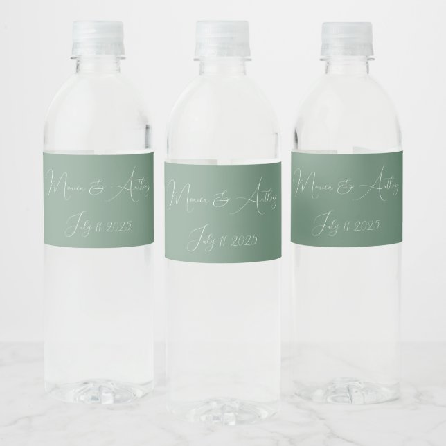 Casual Sage Green Simple Script Minimalist Wedding Water Bottle Label (Bottles)