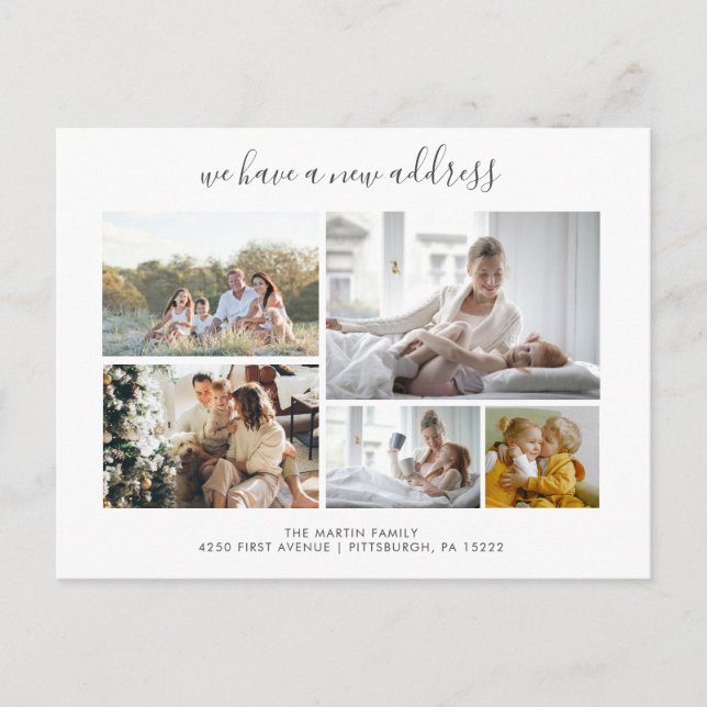 Casual Script | 5 Photos Moving Announcement Postcard (Front)
