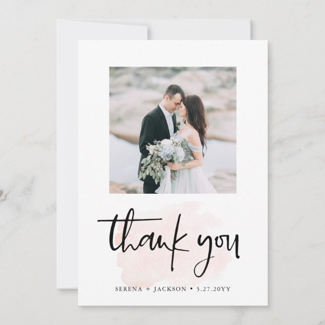 Casual Script | Blush Minimalist Two Photo Wedding Thank You Card (Front)