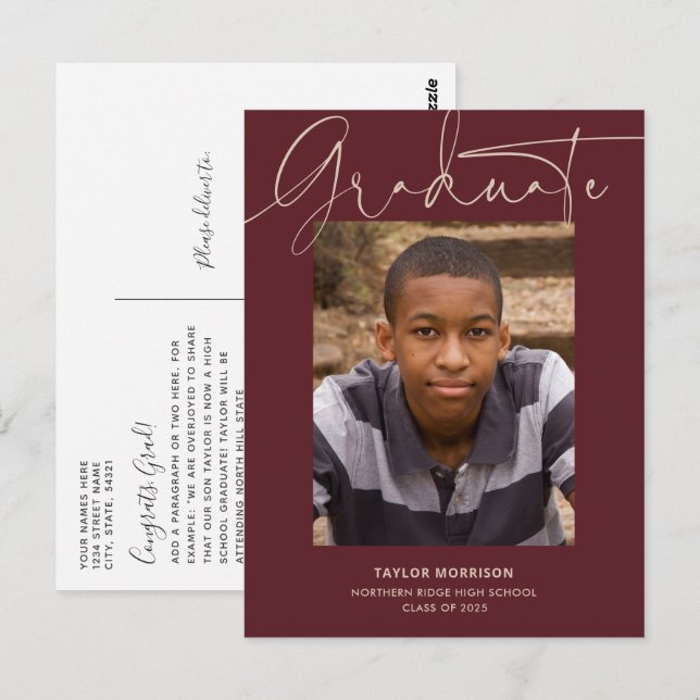 Casual Script Burgundy 2024 Photo Graduation Postcard (Front/Back)