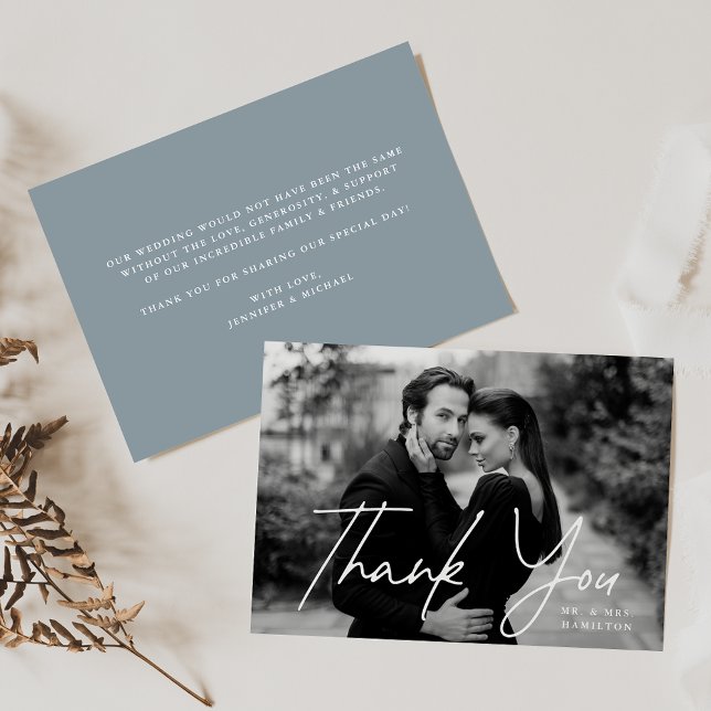 Casual Script Dusty Blue Photo Wedding Thank You Card (Creator Uploaded)
