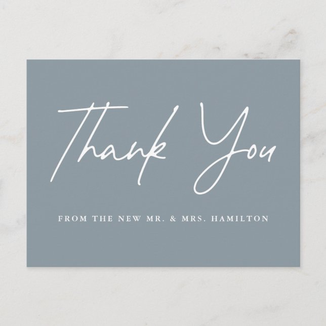 Casual Script Dusty Blue Wedding Thank You Postcard (Front)
