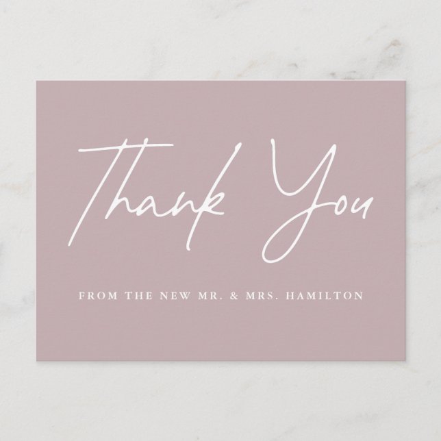 Casual Script Dusty Purple Wedding Thank You Postcard (Front)