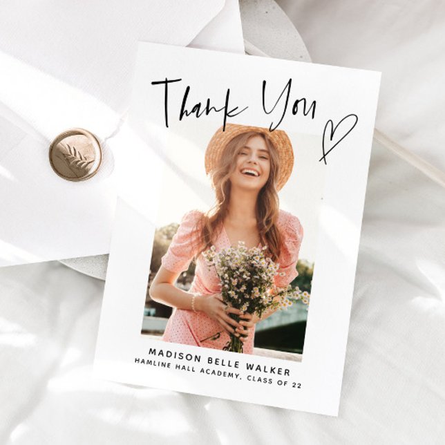 Casual Script Graduation Photo Thank You Heart  Card (Creator Uploaded)