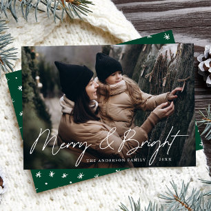 Casual Script Green Merry and Bright Photo Holiday Card