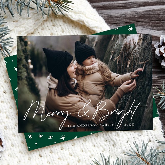 Casual Script Green Merry and Bright Photo Holiday Card (Creator Uploaded)