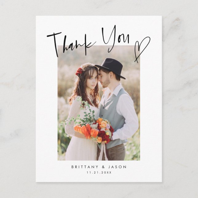 Casual Script Heart Modern Wedding Photo Postcard (Front)
