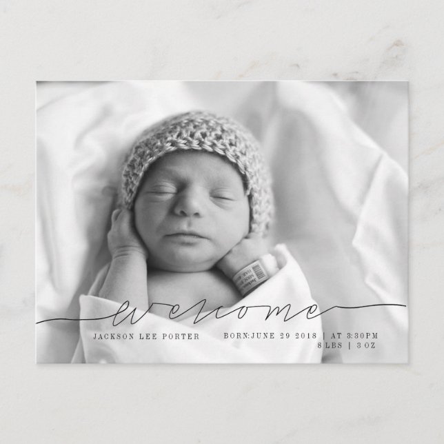 Casual Script | Modern Baby Announcement Photo Postcard (Front)