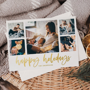 Casual Script Multi Photo Grid   Happy Holidays Foil Holiday Card
