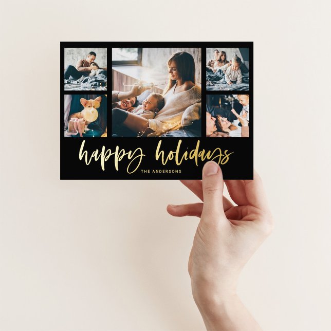 Casual Script Multi Photo Grid | Happy Holidays Foil Holiday Card (Creator Uploaded)