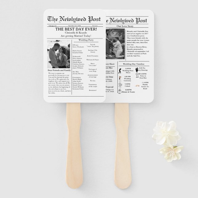 Casual script newspaper wedding save the date hand fan (Front and Back)