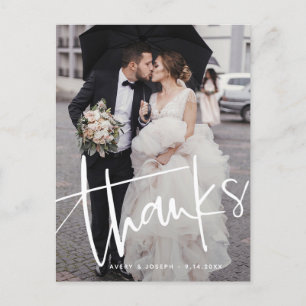 Casual Script Overlay Two Photo Wedding Thank You Postcard
