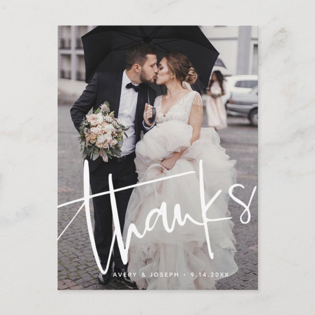 Casual Script Overlay Two Photo Wedding Thank You Postcard (Front)