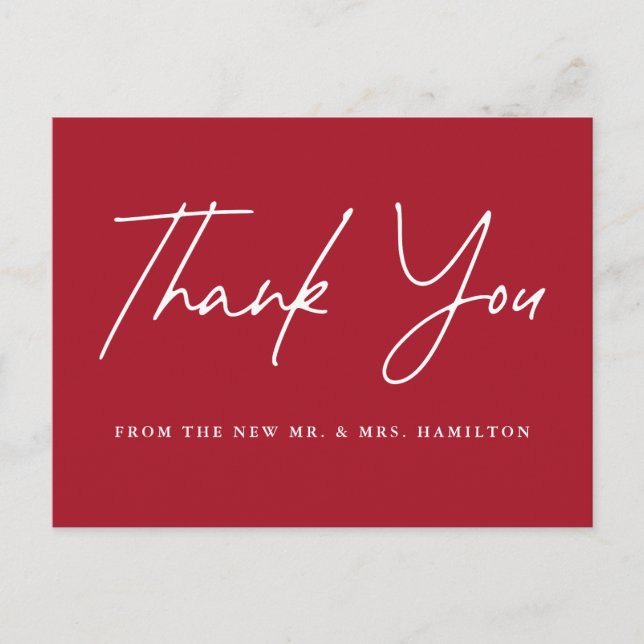 Casual Script Red Wedding Thank You Postcard (Front)