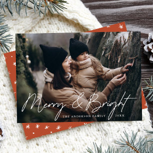 Casual Script Rust Orange Merry and Bright Photo Holiday Card
