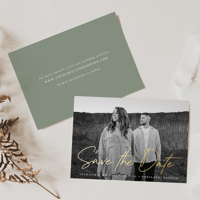 Casual Script Sage Green Photo Save the Date (Creator Uploaded)