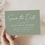 Casual Script Sage Green Wedding Save The Date<br><div class="desc">Simple save the date card featuring "Save the Date" in a white handwritten script with a sage green background. Personalise the modern save the date card by adding your names, wedding date, wedding location, wedding website, etc. The minimalist save the date card reverses to display a solid sage green background...</div>