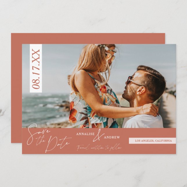 Casual script terracotta photo save the date (Front/Back)