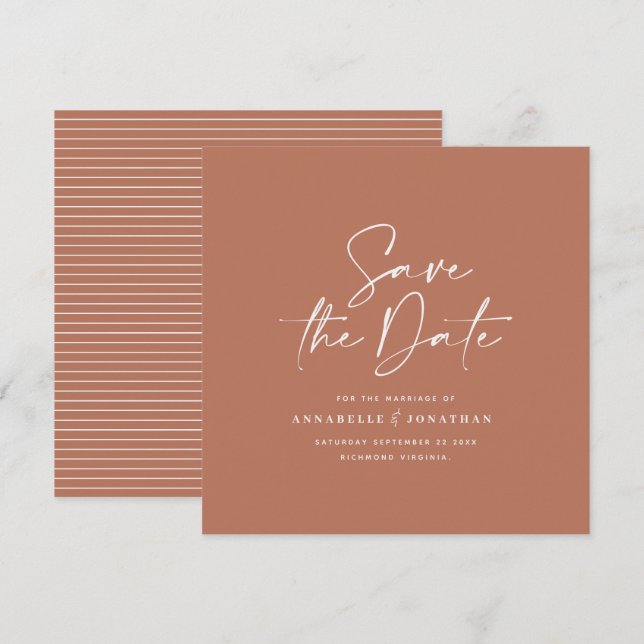 Casual script terracotta typography wedding save the date (Front/Back)