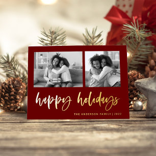 Casual Script Two Photo Grid   Happy Holidays Foil Holiday Card