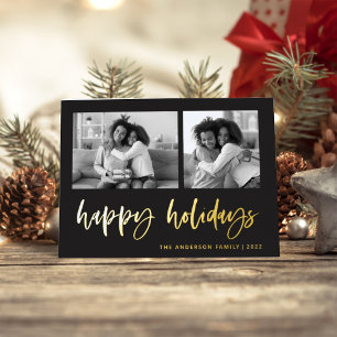 Casual Script Two Photo Grid Happy Holidays Foil Holiday Card