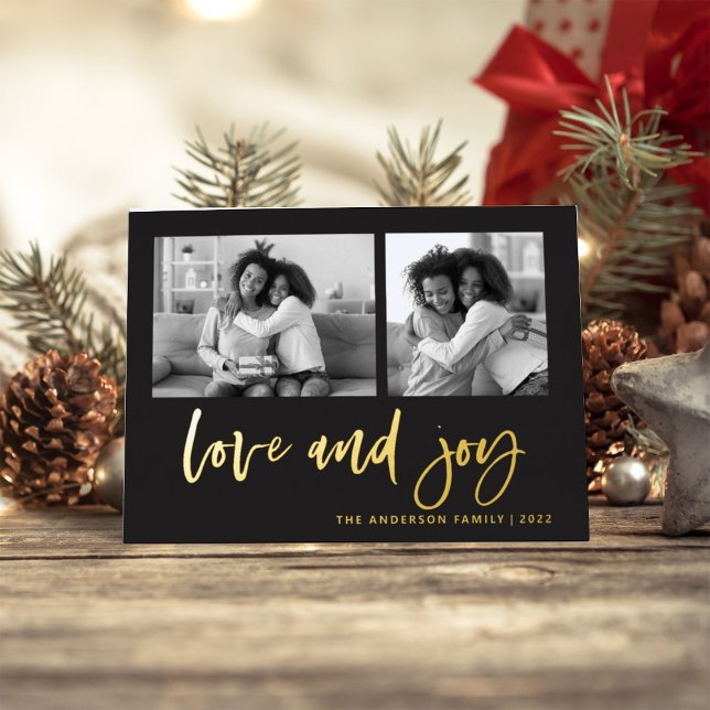 Casual Script Two Photo Grid | Love and Joy Foil Holiday Card (Creator Uploaded)