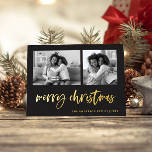 Casual Script Two Photo Grid   Merry Christmas Foil Holiday Card