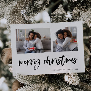 Casual Script Two Photo Grid   Merry Christmas Holiday Card