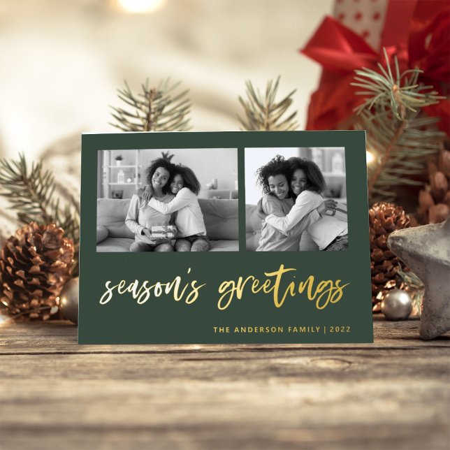 Casual Script Two Photo Grid | Season's Greetings Foil Holiday Card (Creator Uploaded)