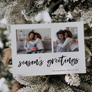 Casual Script Two Photo Grid Seasons Greetings Holiday Card