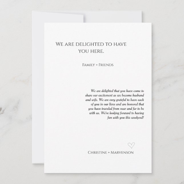 Casual script wedding welcomes & itinerary weekend announcement (Front)