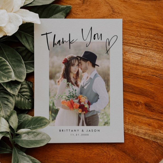Casual Script with Heart Wedding Photo  Thank You Card (Creator Uploaded)