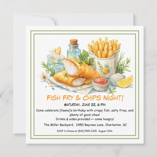 Casual Seafood - Fish Fry & Chips Birthday  Holiday Card (Front)