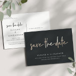 Casual Sketch Gold | Modern Wedding Save the Date Announcement Postcard<br><div class="desc">A modern save the date postcard with "save the date" in faux gold foil handwritten lettering on a rich, soft black background. Personalize with your names, wedding date and wedding location beneath in white lettering. Postcards reverse to show additional save the date details, including your wedding website, with your return...</div>