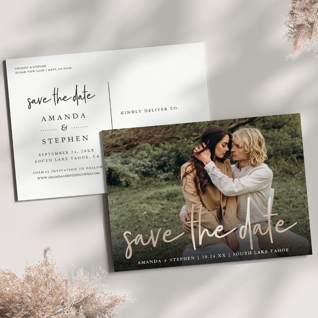 Casual Sketch Gold | Photo Wedding Save the Date Announcement Postcard (Creator Uploaded)