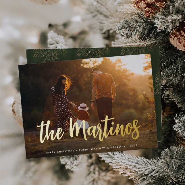 Casual Sketched Signature | Horizontal Photo Foil Holiday Card (Creator Uploaded)