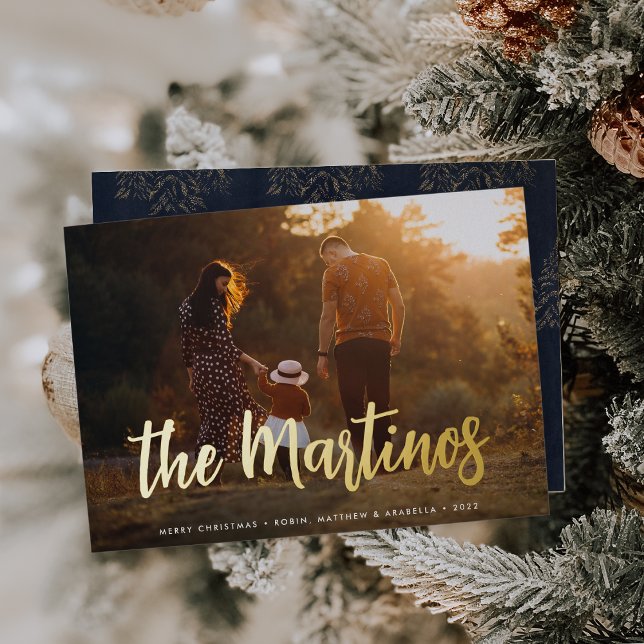 Casual Sketched Signature | Horizontal Photo Foil Holiday Card (Creator Uploaded)