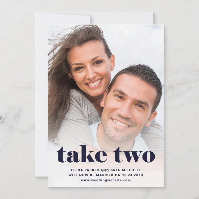 Casual Text | Two Photo Navy Blue Rescheduled Save The Date (Front)