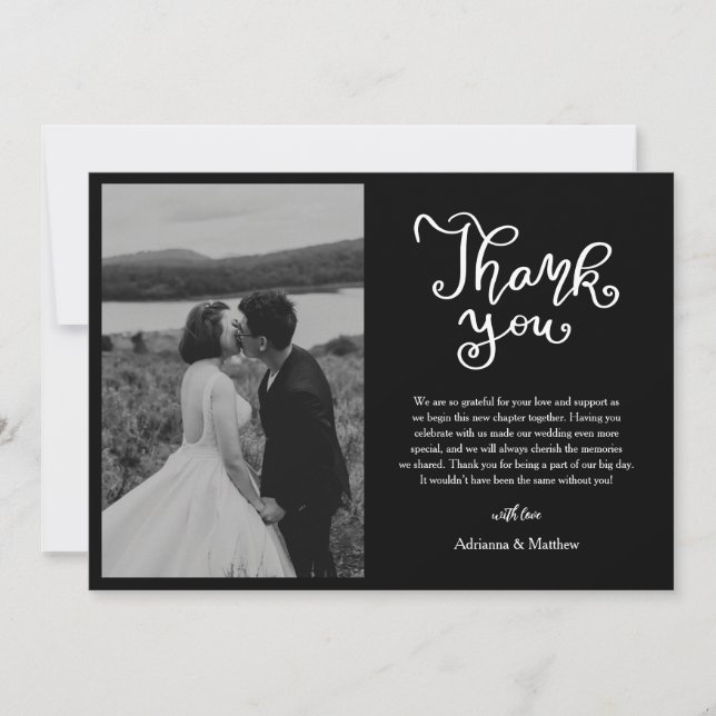 Casual Thank You Script Black Wedding Photo  Card (Front)