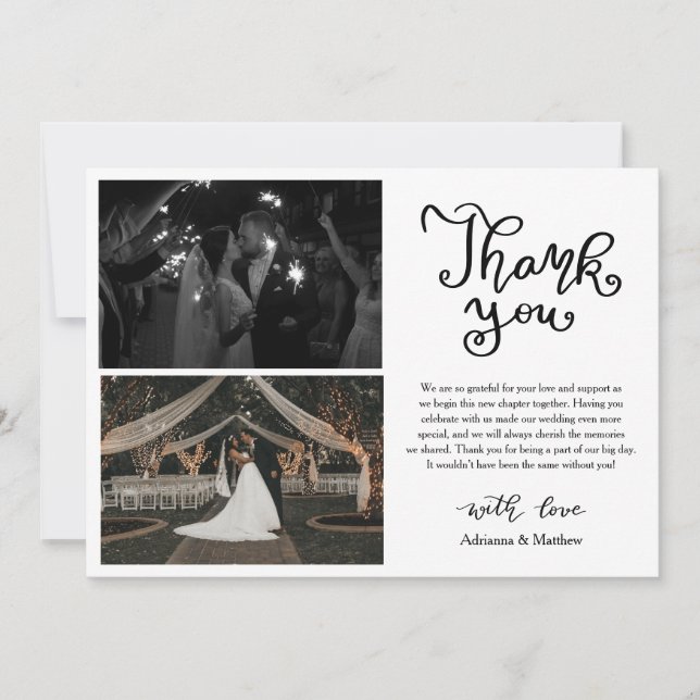 Casual Thank You Script Wedding Photo Collage Card (Front)