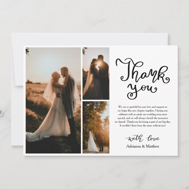 Casual Thank You Script Wedding Photo Collage Card (Front)