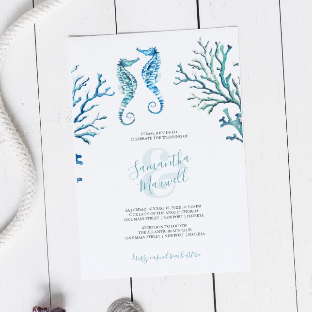 Casual Turquoise Blue Seahorse Watercolor Invite (Beach wedding invitation unique seahorse watercolor art by Victoria Grigaliunas)