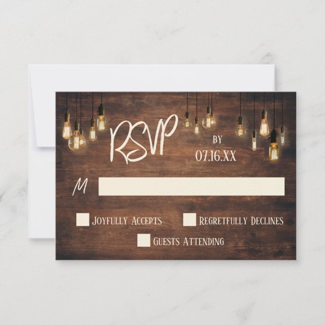 Casual Typography, Rich Brown Wood, Edison Lights RSVP Card (Front)