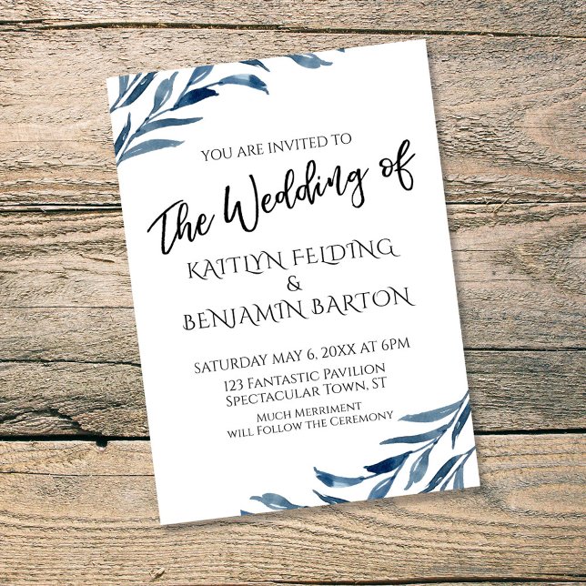 Casual Typography with Blue Painted Leaves Wedding Invitation (Creator Uploaded)