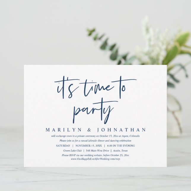 Casual Wedding Elopement, It Is Time To Party Invitation (Standing Front)